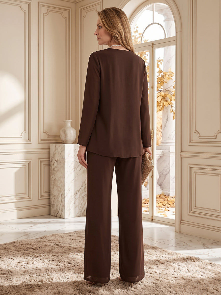 V-Neck Long Sleeves Floor-Length Chiffon 3 Pieces Pantsuits with Sequins & Jacket