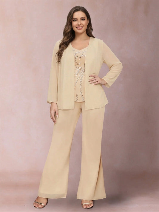 Chiffon Sequins V-Neck Long Sleeves 3 Pieces Plus Size Pantsuits with Jacket