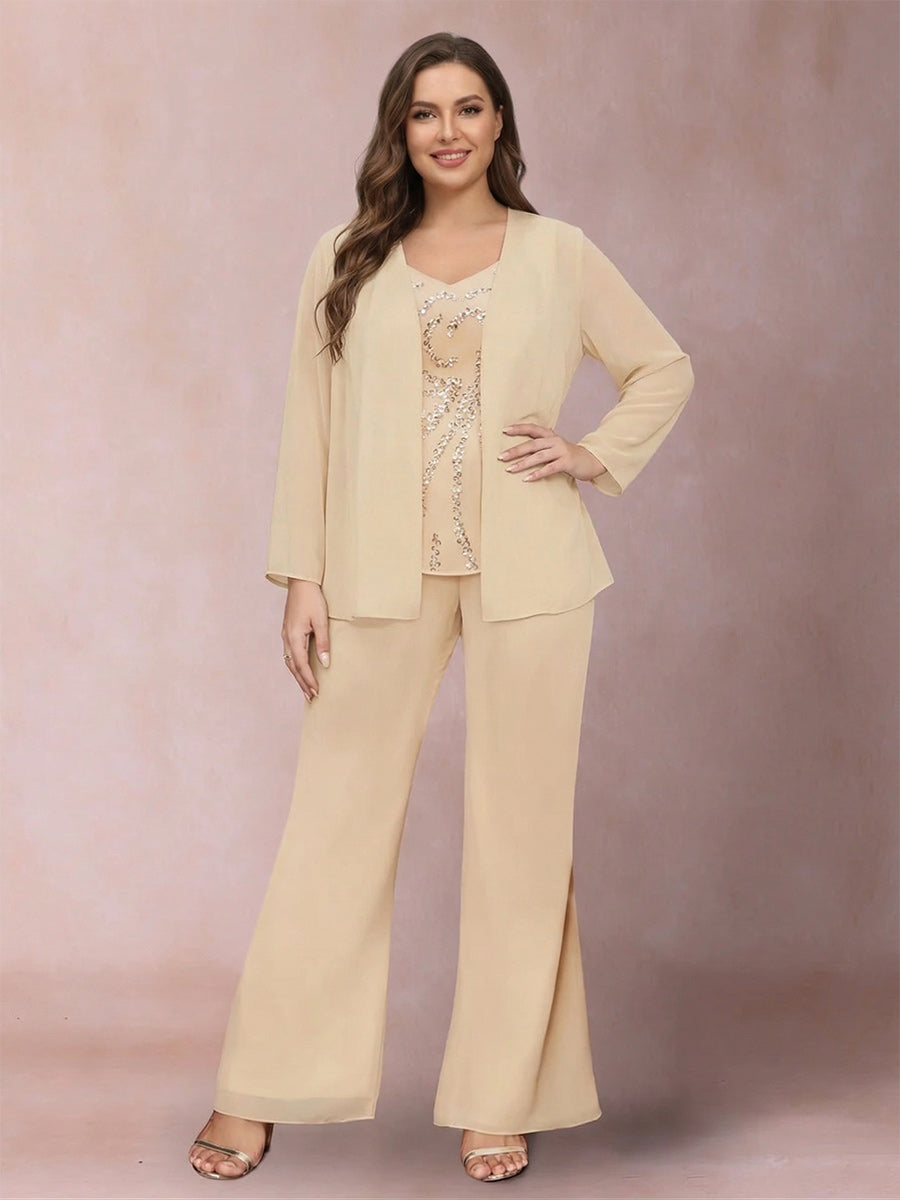 Chiffon Sequins V-Neck Long Sleeves 3 Pieces Plus Size Pantsuits with Jacket