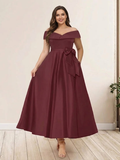 A-Line/Princess Off-The-Shoulder Sleeveless Plus Size Long Evening Dresses with Bow Knot