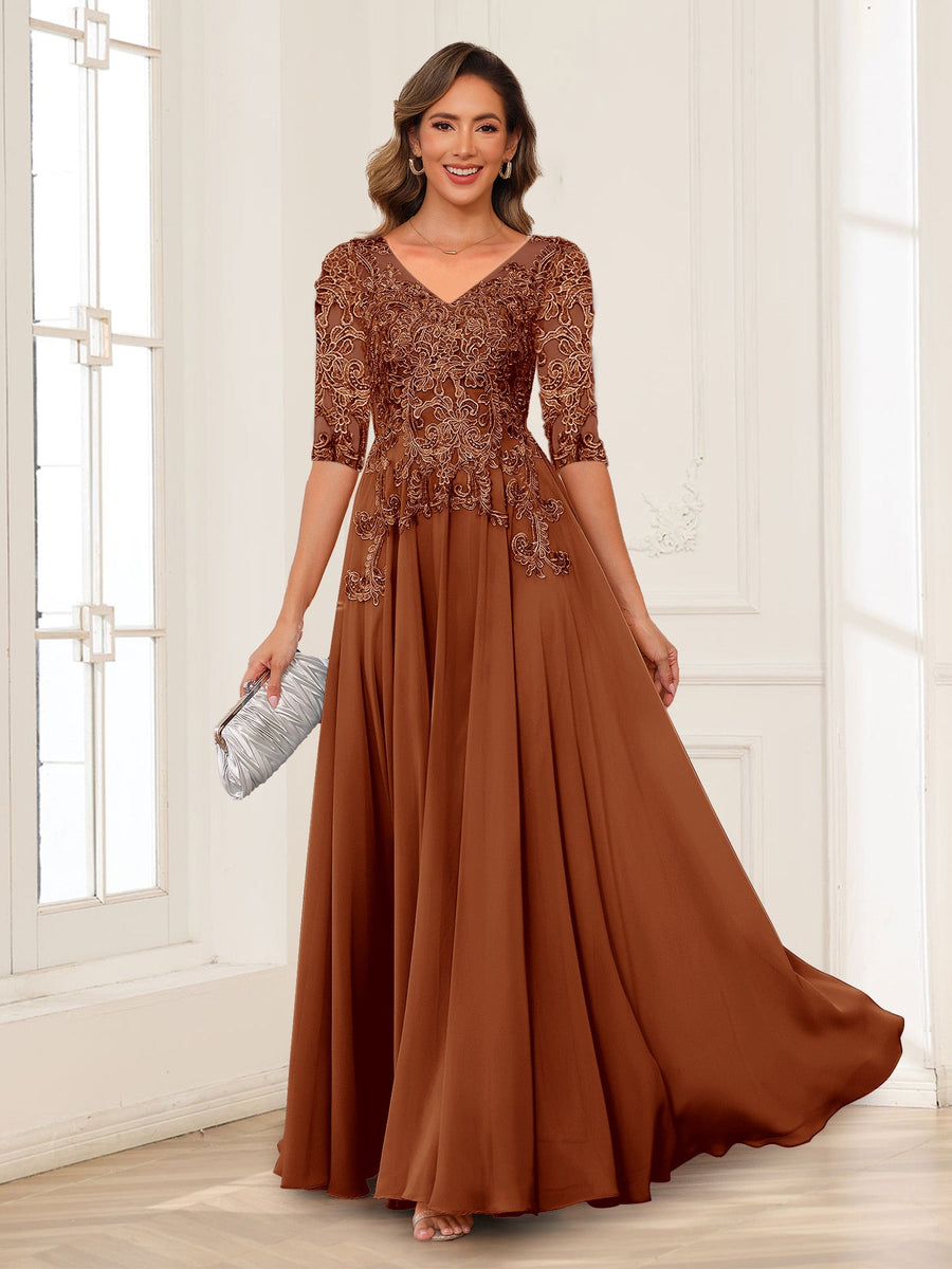 A-Line/Princess V-Neck Long Sleeves Chiffon Mother of the Bride Dresses with Applique