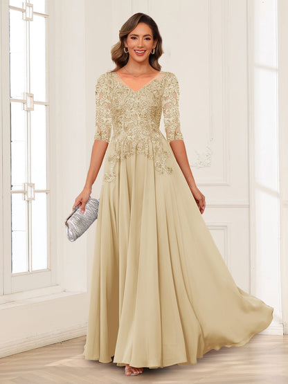 A-Line/Princess V-Neck Long Sleeves Chiffon Mother of the Bride Dresses with Applique