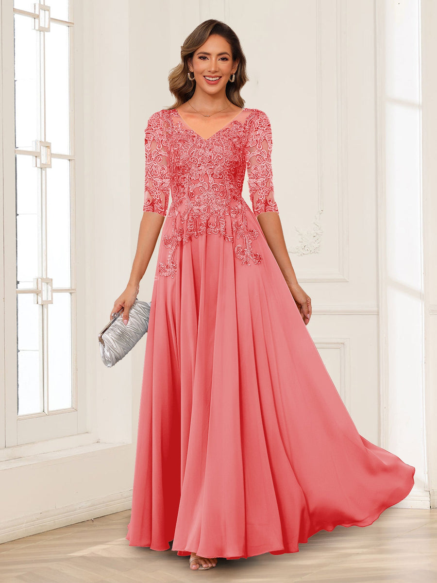 A-Line/Princess V-Neck Long Sleeves Chiffon Mother of the Bride Dresses with Applique