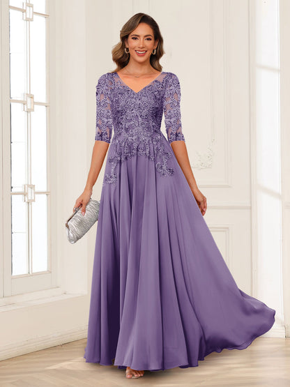 A-Line/Princess V-Neck Long Sleeves Chiffon Mother of the Bride Dresses with Applique