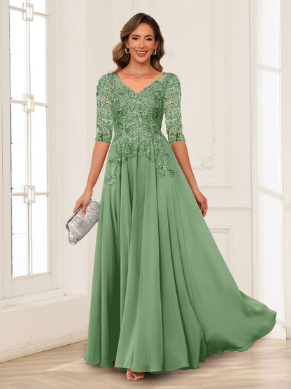 A-Line/Princess V-Neck Long Sleeves Chiffon Mother of the Bride Dresses with Applique