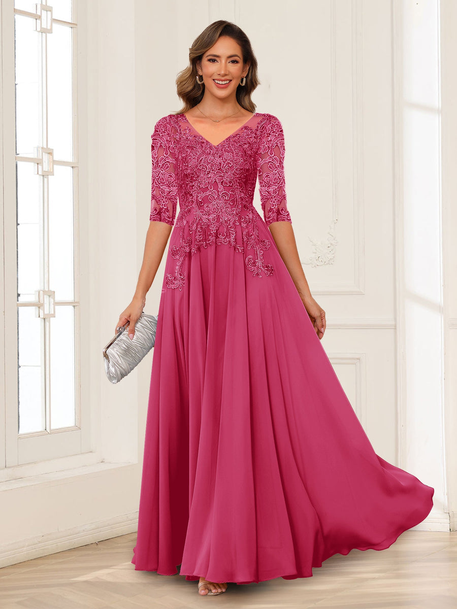 A-Line/Princess V-Neck Long Sleeves Chiffon Mother of the Bride Dresses with Applique