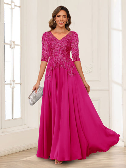 A-Line/Princess V-Neck Long Sleeves Chiffon Mother of the Bride Dresses with Applique