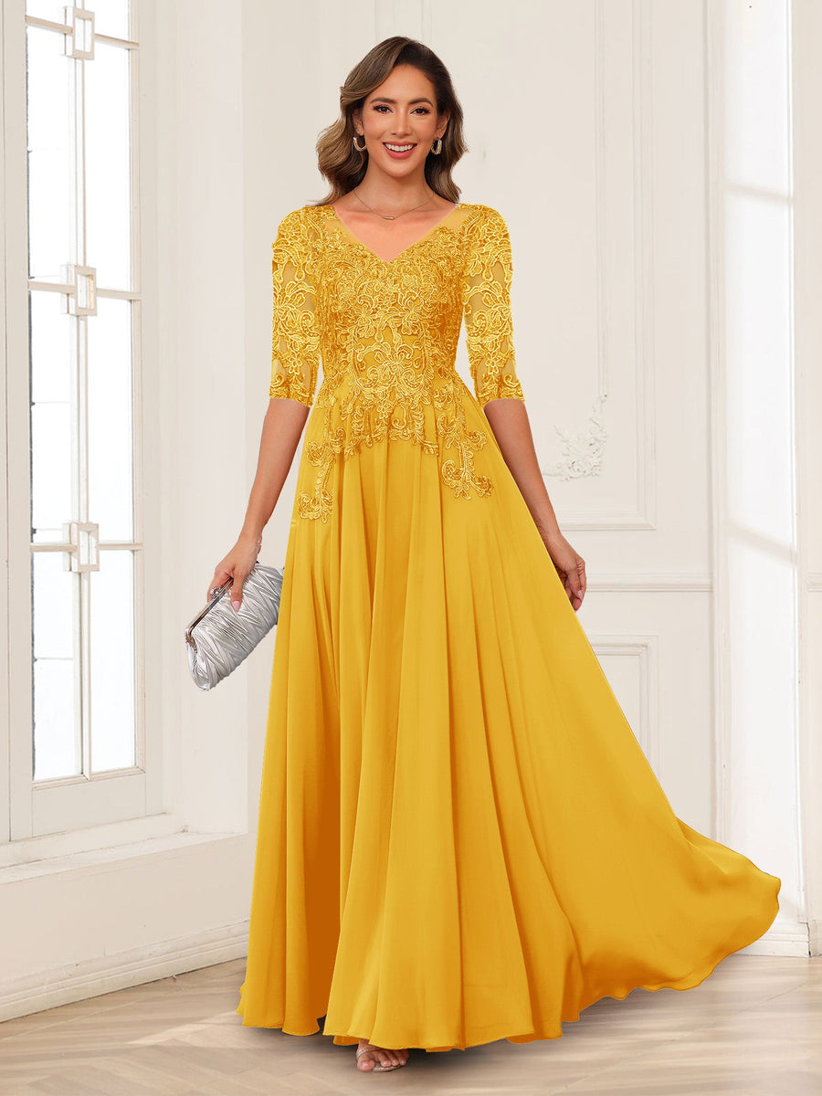 A-Line/Princess V-Neck Long Sleeves Chiffon Mother of the Bride Dresses with Applique