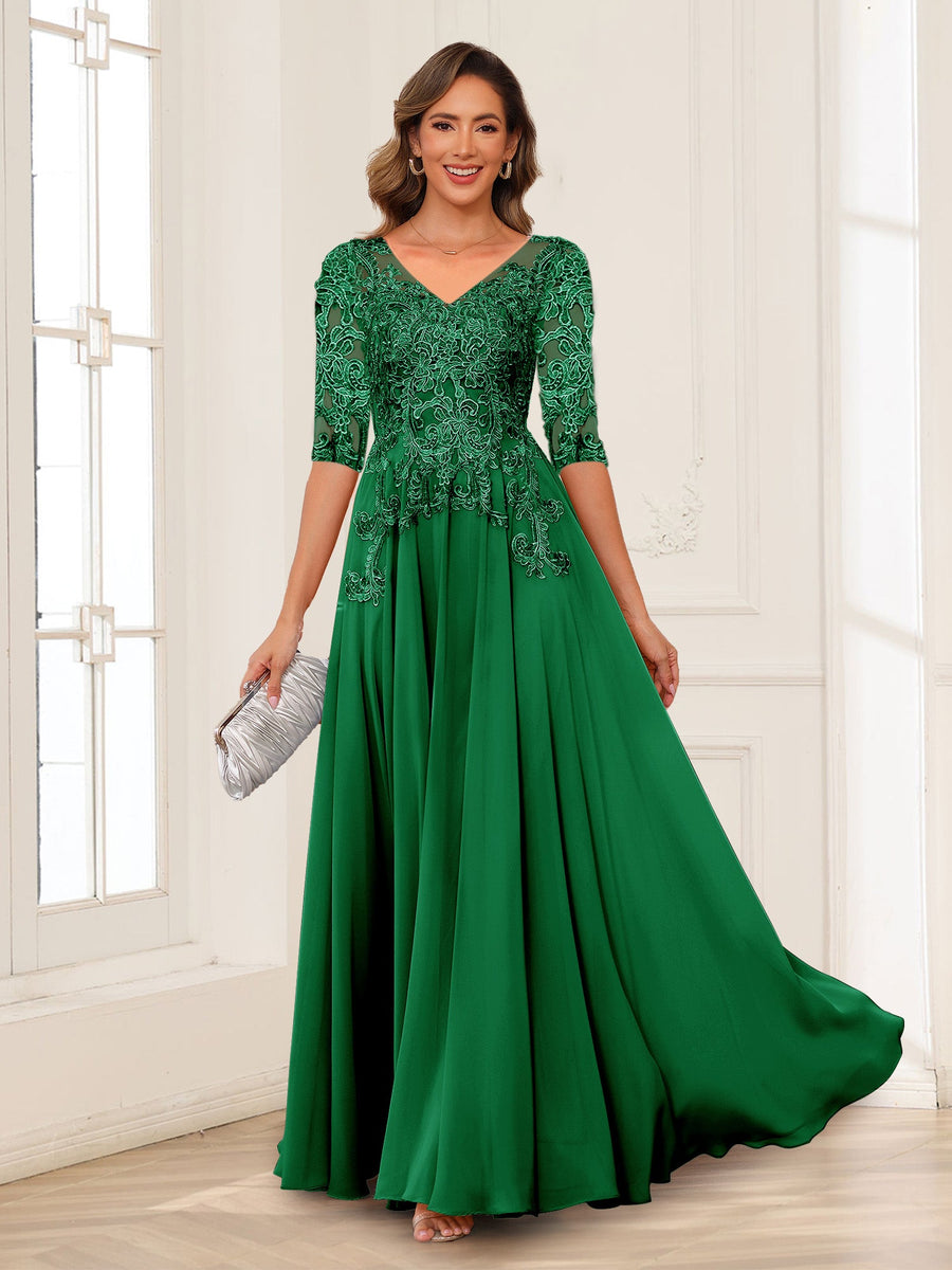A-Line/Princess V-Neck Long Sleeves Chiffon Mother of the Bride Dresses with Applique