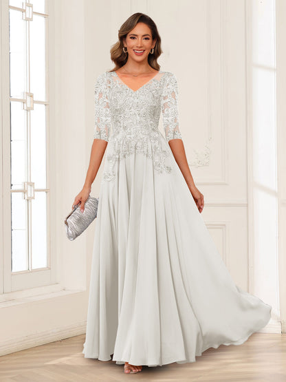 A-Line/Princess V-Neck Long Sleeves Chiffon Mother of the Bride Dresses with Applique