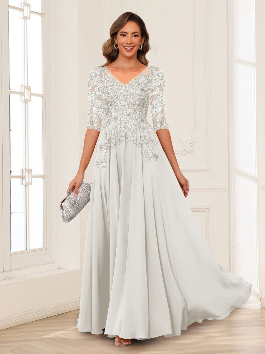 A-Line/Princess V-Neck Long Sleeves Chiffon Mother of the Bride Dresses with Applique