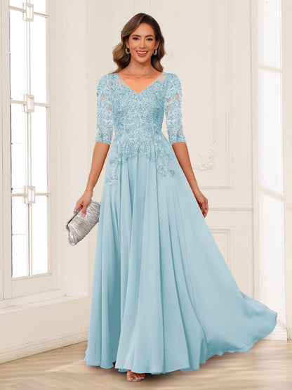 A-Line/Princess V-Neck Long Sleeves Chiffon Mother of the Bride Dresses with Applique