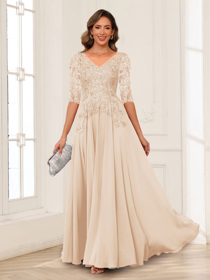 A-Line/Princess V-Neck Long Sleeves Chiffon Mother of the Bride Dresses with Applique