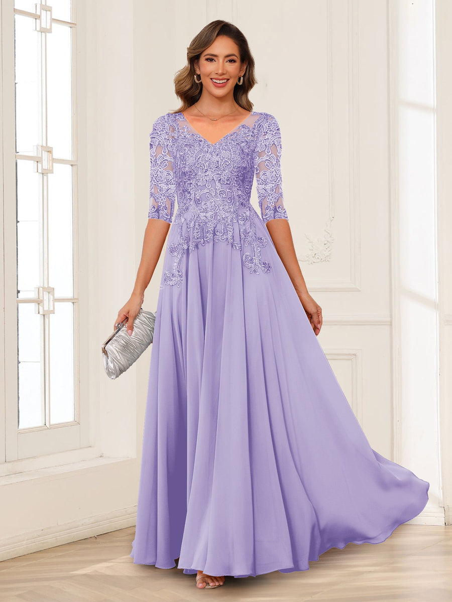 A-Line/Princess V-Neck Long Sleeves Chiffon Mother of the Bride Dresses with Applique