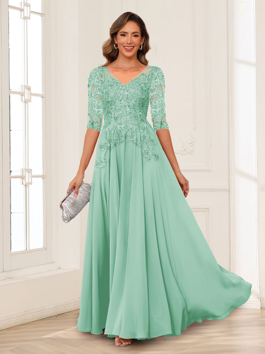 A-Line/Princess V-Neck Long Sleeves Chiffon Mother of the Bride Dresses with Applique