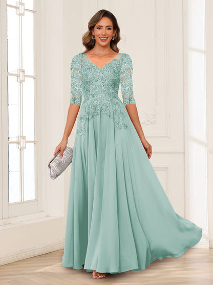 A-Line/Princess V-Neck Long Sleeves Chiffon Mother of the Bride Dresses with Applique