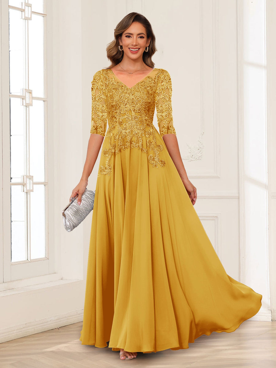 A-Line/Princess V-Neck Long Sleeves Chiffon Mother of the Bride Dresses with Applique