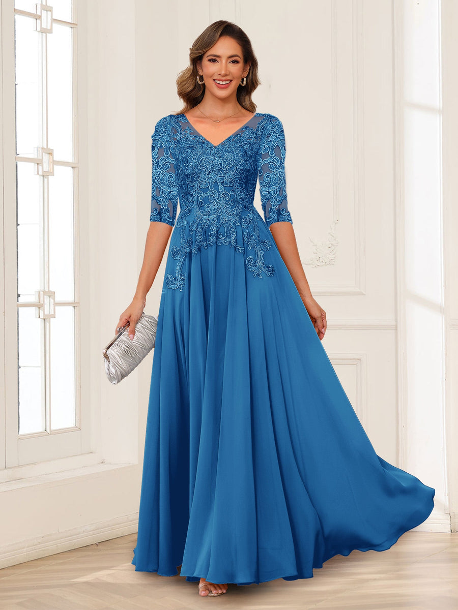 A-Line/Princess V-Neck Long Sleeves Chiffon Mother of the Bride Dresses with Applique