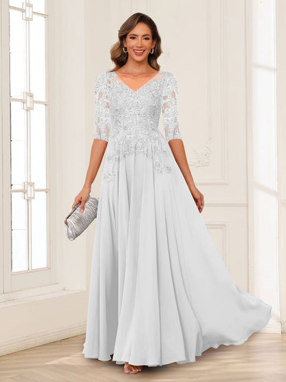A-Line/Princess V-Neck Long Sleeves Chiffon Mother of the Bride Dresses with Applique