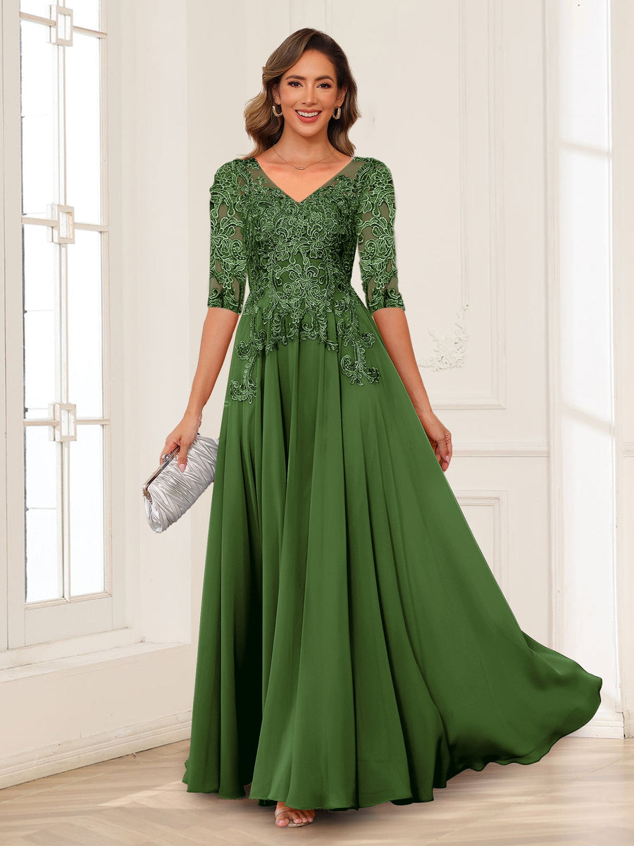 A-Line/Princess V-Neck Long Sleeves Chiffon Mother of the Bride Dresses with Applique