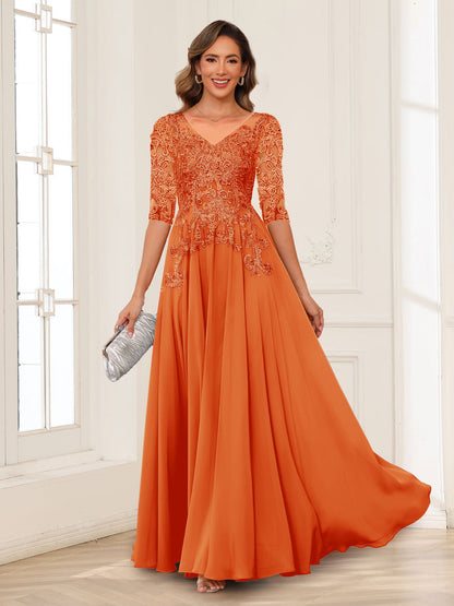 A-Line/Princess V-Neck Long Sleeves Chiffon Mother of the Bride Dresses with Applique