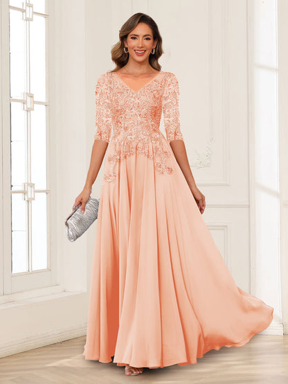 A-Line/Princess V-Neck Long Sleeves Chiffon Mother of the Bride Dresses with Applique