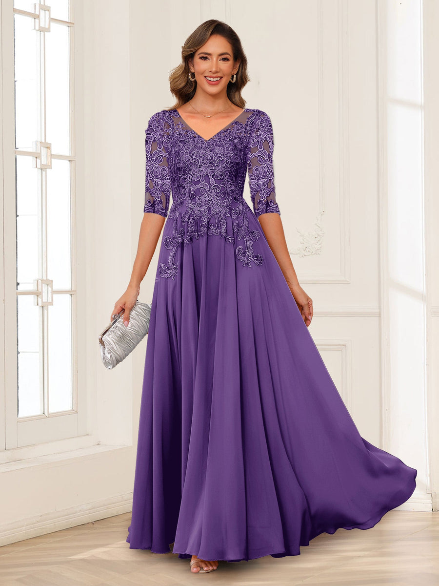 A-Line/Princess V-Neck Long Sleeves Chiffon Mother of the Bride Dresses with Applique