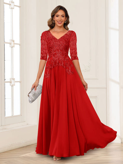 A-Line/Princess V-Neck Long Sleeves Chiffon Mother of the Bride Dresses with Applique