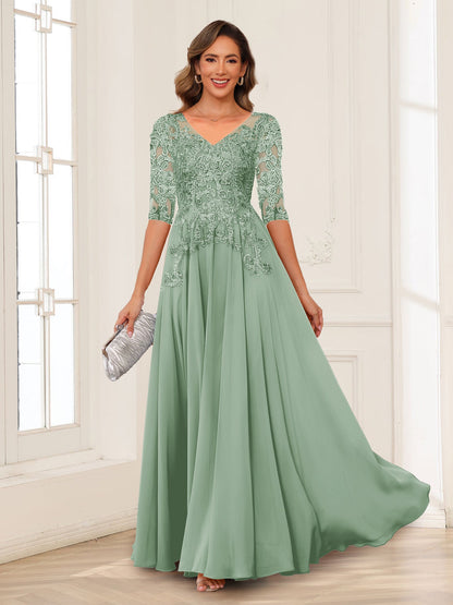 A-Line/Princess V-Neck Long Sleeves Chiffon Mother of the Bride Dresses with Applique