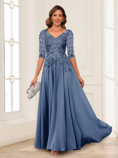 A-Line/Princess V-Neck Long Sleeves Chiffon Mother of the Bride Dresses with Applique