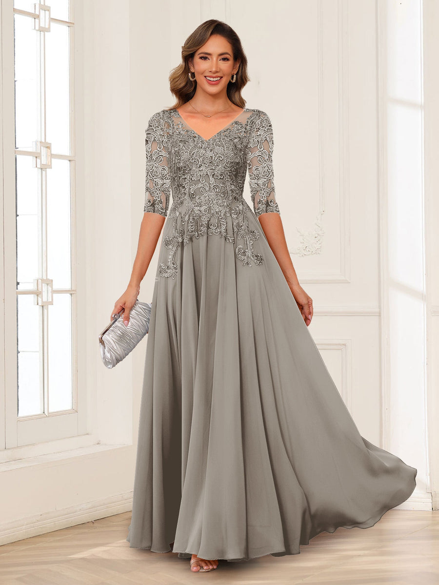 A-Line/Princess V-Neck Long Sleeves Chiffon Mother of the Bride Dresses with Applique