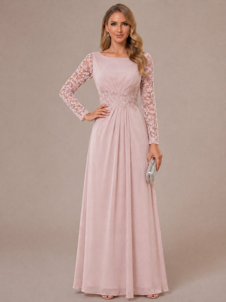 A-Line/Princess Scoop Long Sleeves Ruched Mother of the Bride Dresses with Appliques