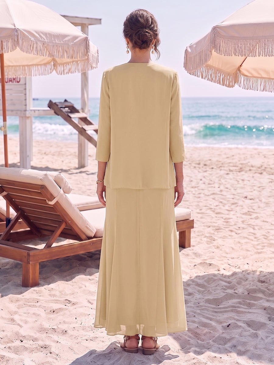 Sheath/Column V-Neck Short Sleeves Ankle-Length Mother of the Bride Dresses With Jacket & Sequins