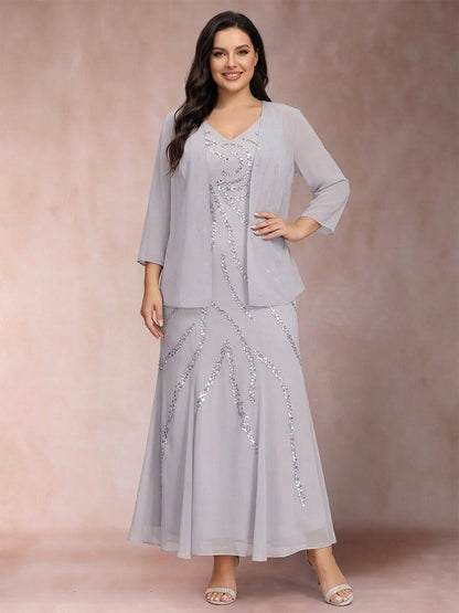 Sheath/Column V-Neck Ankle-Length Plus Size Evening Dresses With Jacket & Sequins