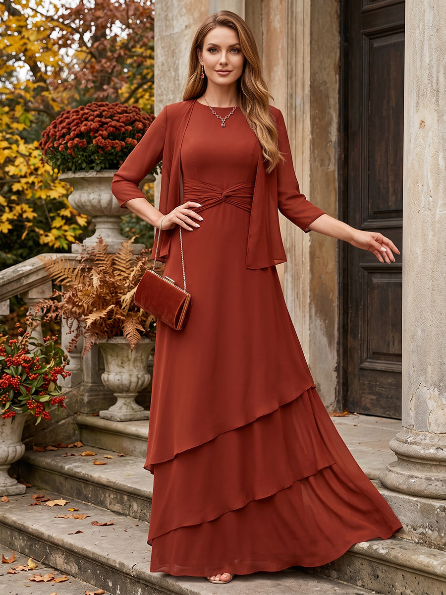 A-Line/Princess Scoop Ruched Floor-Length Chiffon Mother of the Bride Dresses with Ruffles & Jacket
