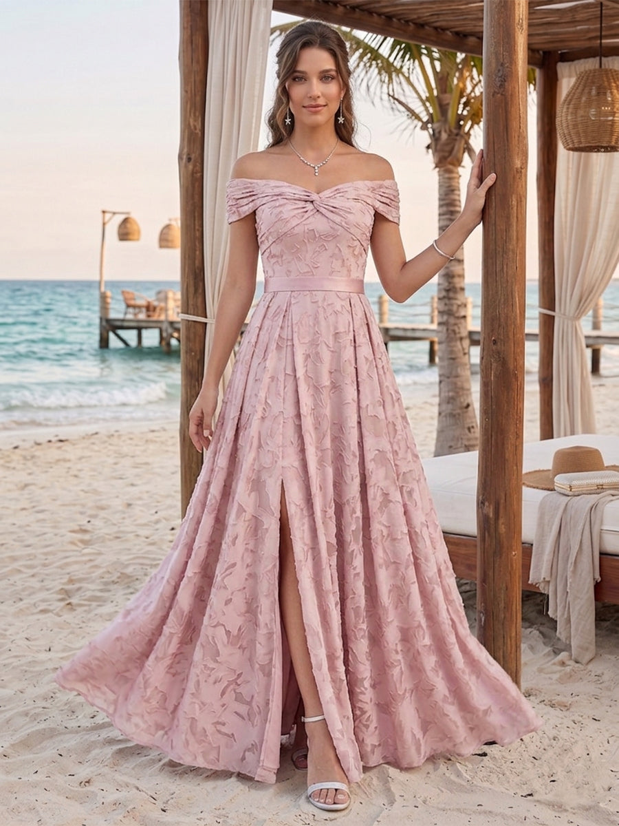 A-Line/Princess Off-the-Shoulder Sleeveless Floor-Length Bridesmaid Dresses With Split Side & Belt
