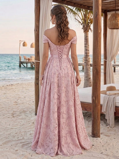 A-Line/Princess Off-the-Shoulder Sleeveless Floor-Length Bridesmaid Dresses With Split Side & Belt