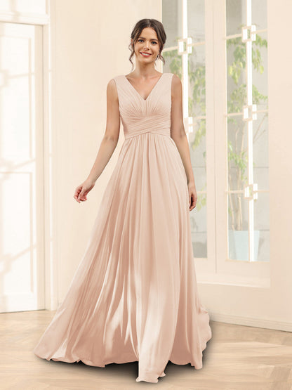 A-Line V-Neck Sleeveless Chiffon Bridesmaid Dresses With Pockets