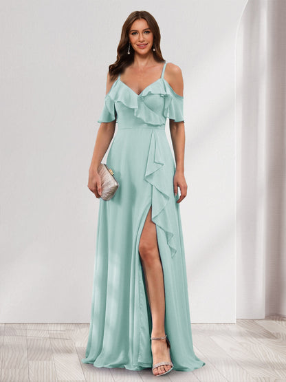 A-Line/Princess V-Neck Spaghetti Straps Floor-Length Chiffon Bridesmaid Dresses with Ruffles