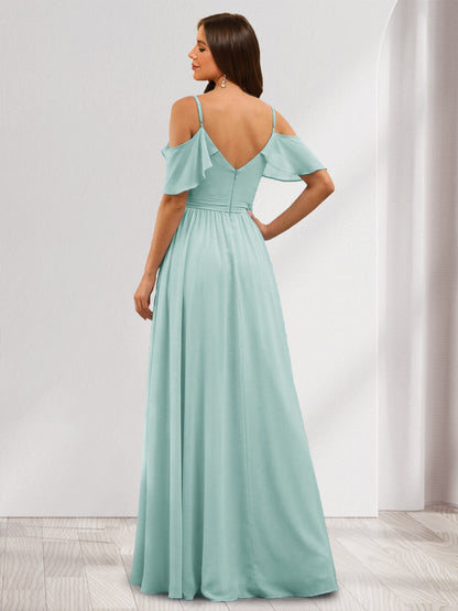 A-Line/Princess V-Neck Spaghetti Straps Floor-Length Chiffon Bridesmaid Dresses with Ruffles