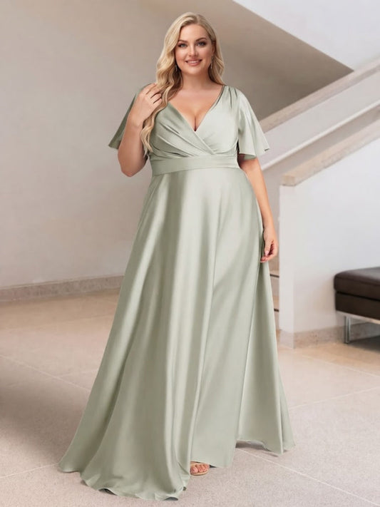 A-Line/Princess V-Neck Short Sleeves Silk Satin Plus Size Bridesmaid Dresses with Pockets