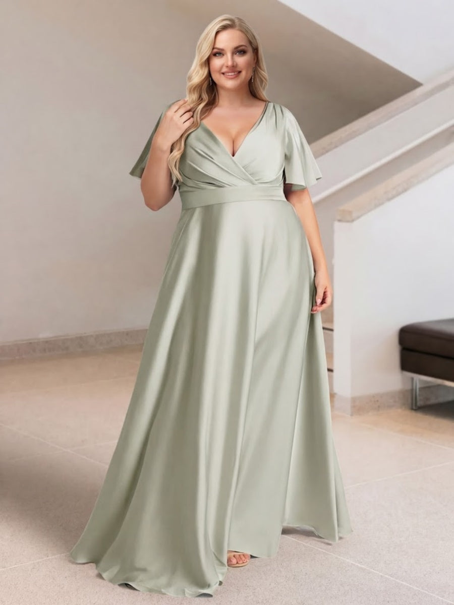 A-Line/Princess V-Neck Short Sleeves Silk Satin Plus Size Bridesmaid Dresses with Pockets