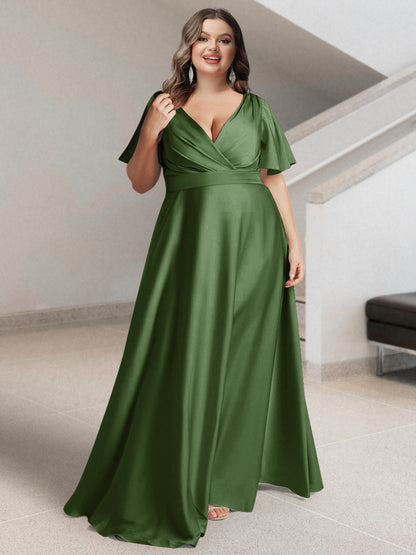 A-Line/Princess V-Neck Short Sleeves Silk Satin Plus Size Bridesmaid Dresses with Pockets