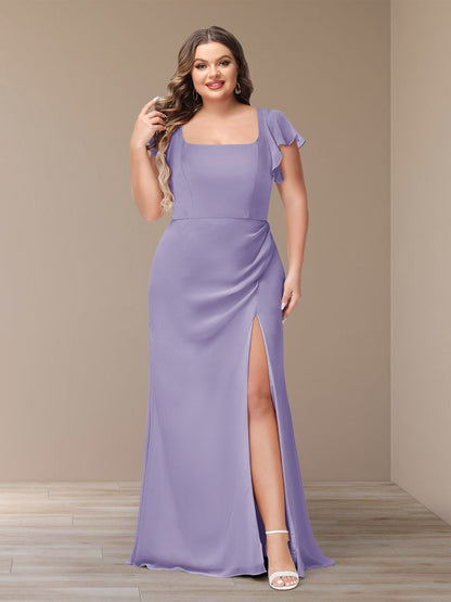 Sheath/Column Short Sleeves Chiffon Plus Size Bridesmaid Dresses with Split Side