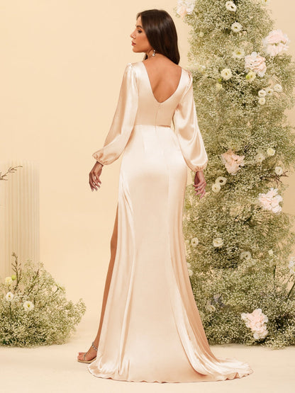 Sheath/Column V-Neck Long Sleeves Formal Dresses with Split Side & Ruched