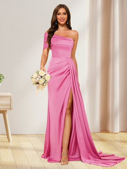 Sheath/Column One-Shoulder Long Formal Dresses with Split Side