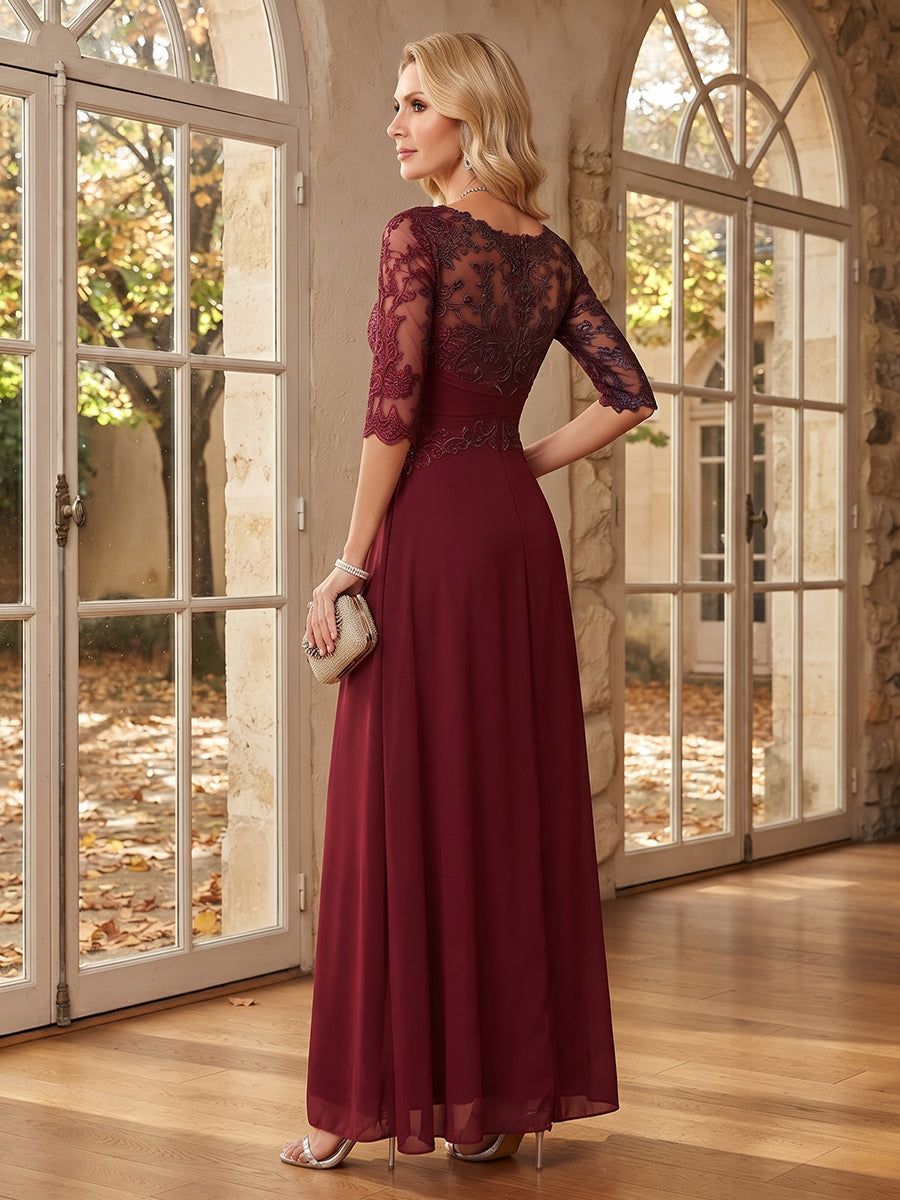 Scoop Half Sleeves Floor-Length Chiffon Mother of the Bride Jumpsuits with Appliques