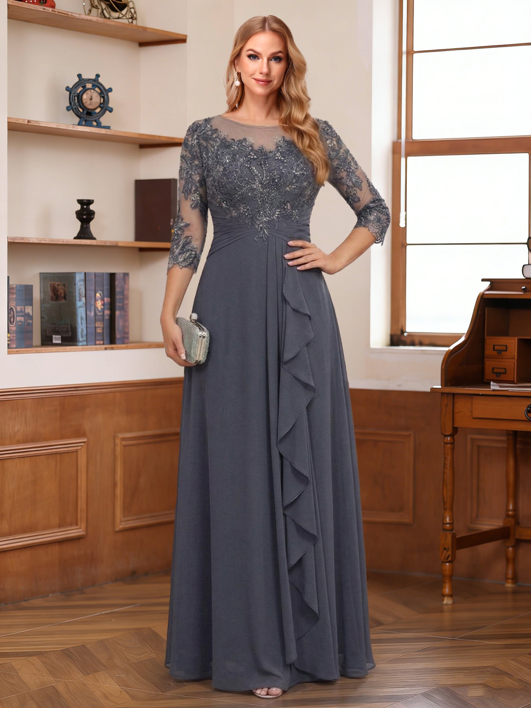 Chiffon A-Line/Princess Scoop 3/4 Sleeves  Mother of the Bride Dresses with Appliques & Ruffles