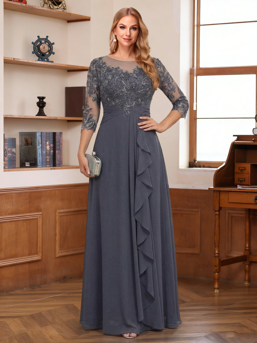 Chiffon A-Line/Princess Scoop 3/4 Sleeves  Mother of the Bride Dresses with Appliques & Ruffles
