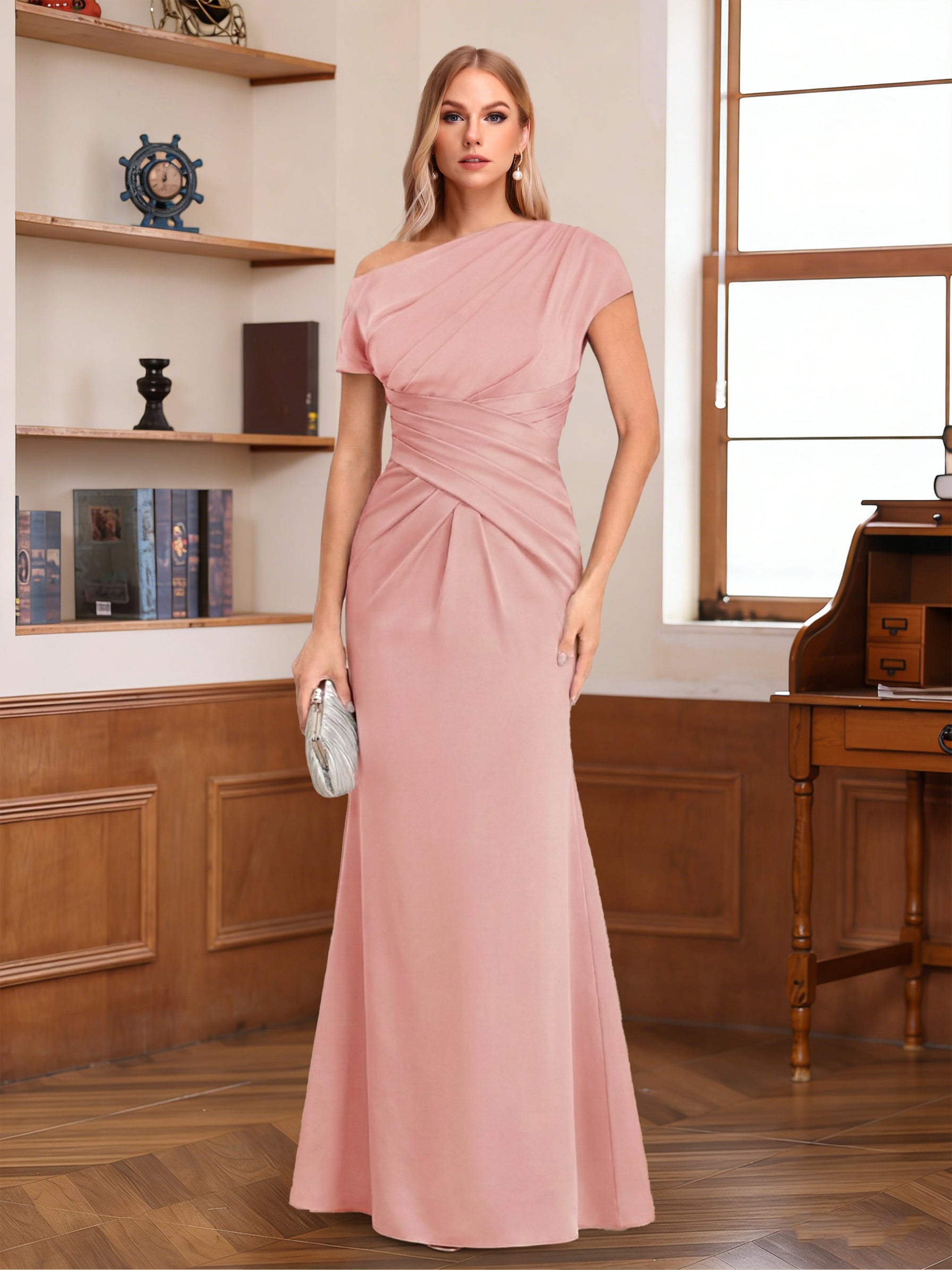 Sheath/Column Asymmetrical One-Shoulder Short Sleeves Mother of the Bride Dresses with Pleats